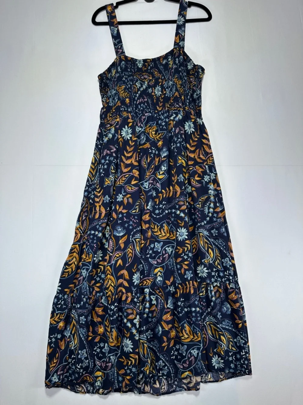 Reitmans Dark Floral Tiered Midi Dress Navy Boho Ruffle Hem Ruched XXL - Picture 8 of 10